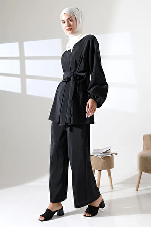 Kadın 100% Pamuk Modal Siyah Kimono Pantolon Tesettür Takım
