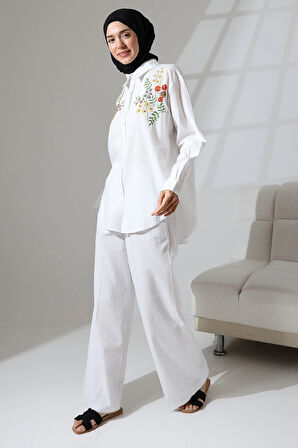 100% Pamuk Keten Günlük ve Rahat Çiçek Desen Nakışlı Taşlı Gömlek Pantolon Yazlık Alt Üst Takım