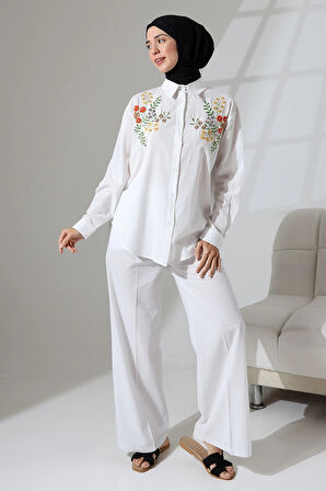 100% Pamuk Keten Günlük ve Rahat Çiçek Desen Nakışlı Taşlı Gömlek Pantolon Yazlık Alt Üst Takım