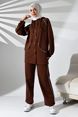 Kadın Mevsimlik Penye Alt Üst Spor Ve Rahat Kahverengi Ikili Tunik Pantolon Şık Tesettür Takım