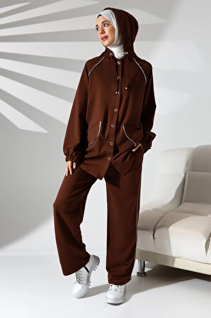 Kadın Mevsimlik Penye Alt Üst Spor Ve Rahat Kahverengi Ikili Tunik Pantolon Şık Tesettür Takım