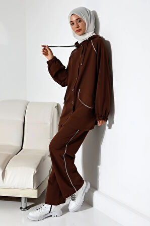 Kadın Mevsimlik Penye Alt Üst Spor Ve Rahat Kahverengi Ikili Tunik Pantolon Şık Tesettür Takım