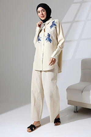 100% Pamuk Keten Günlük ve Rahat Çiçek Desen Nakışlı Pullu Gömlek Pantolon Yazlık Alt Üst  Takım