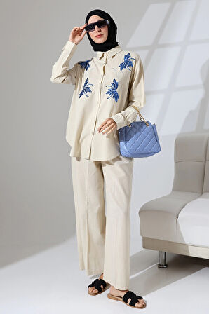 100% Pamuk Keten Günlük ve Rahat Çiçek Desen Nakışlı Pullu Gömlek Pantolon Yazlık Alt Üst  Takım