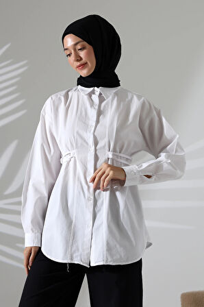 Kadın 100% Pamuk Poplin Kumaş Beyaz Tesettür Gömlek