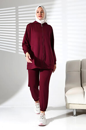 Kadın Mevsimlik Alt ve Üst Rahat Mürdüm Spor Tesettür Takım