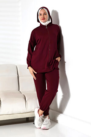 Kadın Mevsimlik Alt ve Üst Rahat Mürdüm Spor Tesettür Takım