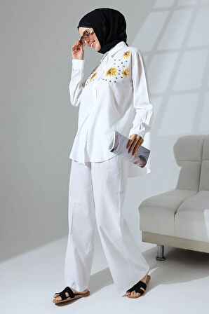 100% Pamuk Keten Günlük ve Rahat Çiçek Desen Nakışlı Taşlı Gömlek Pantolon Yazlık Alt Üst Takım