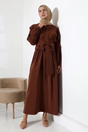 Kadın 100% Pamuk Modal Kahverengi Gömlek Etek Tesettür Takım