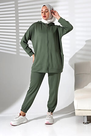 Kadın Mevsimlik Alt Üst Rahat Haki Spor Ikili Tunik Pantolon Şık Tesettür Takım
