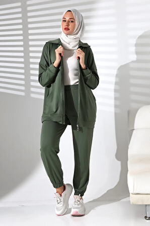 Kadın Mevsimlik Alt Üst Rahat Haki Spor Ikili Tunik Pantolon Şık Tesettür Takım