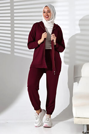 Kadın Mevsimlik Alt ve Üst Rahat Mürdüm Spor Tesettür Takım