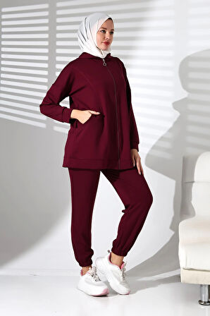 Kadın Mevsimlik Alt ve Üst Rahat Mürdüm Spor Tesettür Takım
