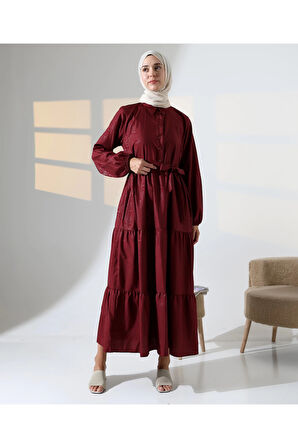 Kadın 100% Pamuk Viskon Desenli Bordo Tesettür Elbise