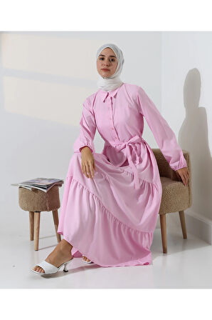 Kadın 100% Pamuk Viskon Desenli Pembe Tesettür Elbise