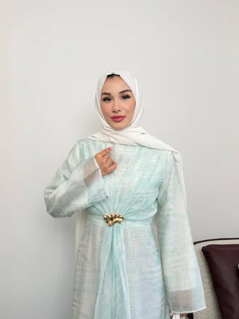 Silk Model Kemerli Bilek Büzgü Desen Detaylı Kadın Elbise