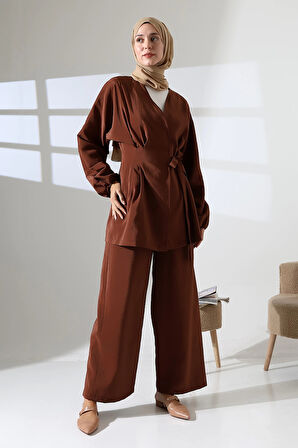 Kadın 100% Pamuk Modal Kahverengi Kimono Pantolon Tesettür Takım