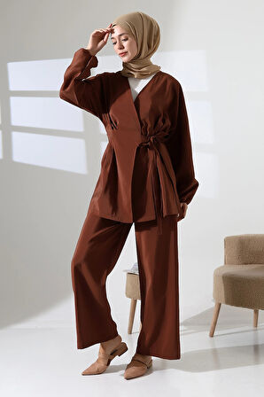 Kadın 100% Pamuk Modal Kahverengi Kimono Pantolon Tesettür Takım