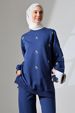 Kadın Lacivert Mevsimlik Penye Alt Üst Spor Ve Rahat Ikili Tunik Pantolon Şık Tesettür Takım