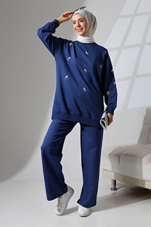 Kadın Lacivert Mevsimlik Penye Alt Üst Spor Ve Rahat Ikili Tunik Pantolon Şık Tesettür Takım