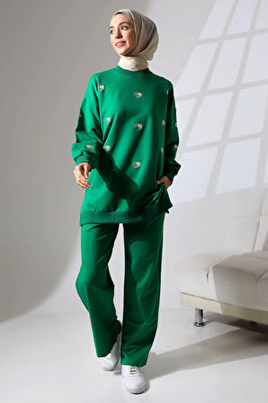 Kadın Benetton Yeşili Mevsimlik Penye Alt Üst Spor Ve Rahat Ikili Tunik Pantolon Şık Tesettür Takım
