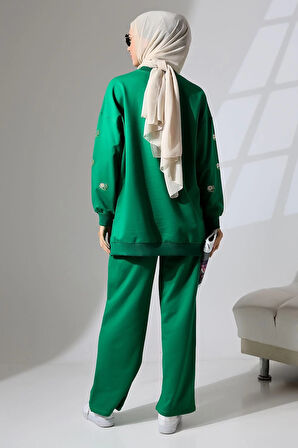 Kadın Benetton Yeşili Mevsimlik Penye Alt Üst Spor Ve Rahat Ikili Tunik Pantolon Şık Tesettür Takım
