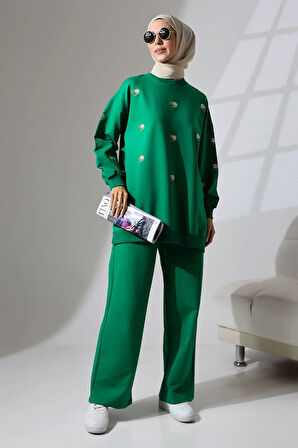 Kadın Benetton Yeşili Mevsimlik Penye Alt Üst Spor Ve Rahat Ikili Tunik Pantolon Şık Tesettür Takım