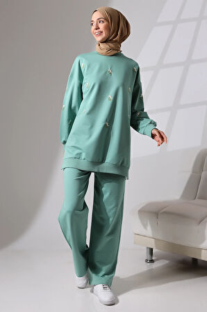 Kadın Mint Yeşili Mevsimlik Penye Alt Üst Spor Ve Rahat Ikili Tunik Pantolon Şık Tesettür Takım