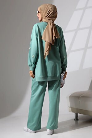 Kadın Mint Yeşili Mevsimlik Penye Alt Üst Spor Ve Rahat Ikili Tunik Pantolon Şık Tesettür Takım