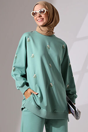 Kadın Mint Yeşili Mevsimlik Penye Alt Üst Spor Ve Rahat Ikili Tunik Pantolon Şık Tesettür Takım