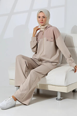 Kadın Taş Rengi Mevsimlik Penye Alt Üst Spor Ve Rahat Ikili Tunik Pantolon Şık Tesettür Takım