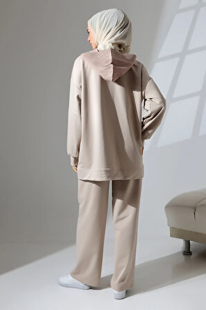 Kadın Taş Rengi Mevsimlik Penye Alt Üst Spor Ve Rahat Ikili Tunik Pantolon Şık Tesettür Takım