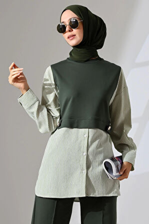 Kadın Haki Yeşili Mevsimlik Penye Alt Üst Spor Ve Rahat Ikili Tunik Pantolon Şık Tesettür Takım