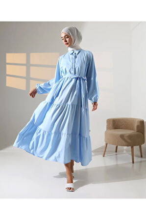 Kadın 100% Pamuk Viskon Desenli Mavi Tesettür Elbise