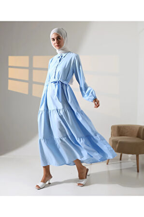 Kadın 100% Pamuk Viskon Desenli Mavi Tesettür Elbise
