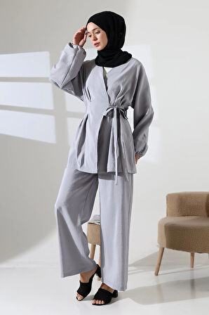 Kadın 100% Pamuk Modal Gri Kimono Pantolon Tesettür Takım