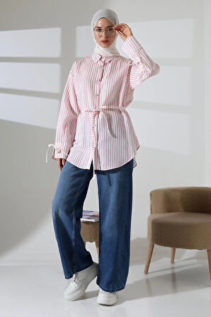 Kadın Modal Dokuma Kumaş Pembe Tesettür Gömlek