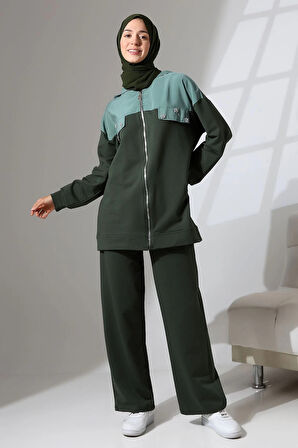 Kadın Haki Yeşili Mevsimlik Penye Alt Üst Spor Ve Rahat Ikili Tunik Pantolon Şık Tesettür Takım