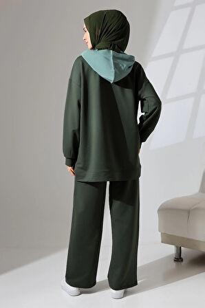 Kadın Haki Yeşili Mevsimlik Penye Alt Üst Spor Ve Rahat Ikili Tunik Pantolon Şık Tesettür Takım