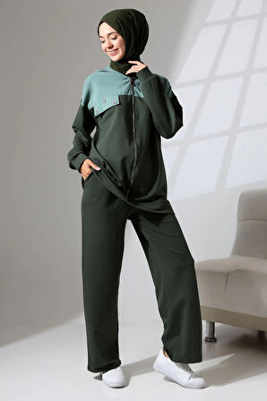Kadın Haki Yeşili Mevsimlik Penye Alt Üst Spor Ve Rahat Ikili Tunik Pantolon Şık Tesettür Takım