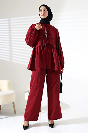 Kadın 100% Pamuk Modal Bordo Gömlek Pantolon Tesettür Takım