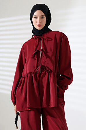 Kadın 100% Pamuk Modal Bordo Gömlek Pantolon Tesettür Takım