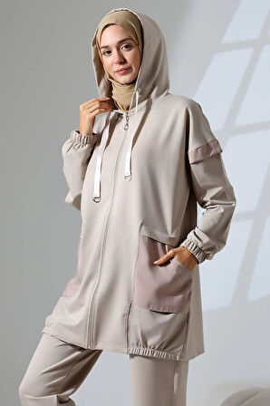 Kadın Taş Rengi Mevsimlik Penye Alt Üst Spor Ve Rahat Ikili Tunik Pantolon Şık Tesettür Takım