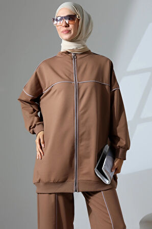 Kadın Kahverengi Mevsimlik Penye Alt Üst Spor Ve Rahat Ikili Tunik Pantolon Şık Tesettür Takım