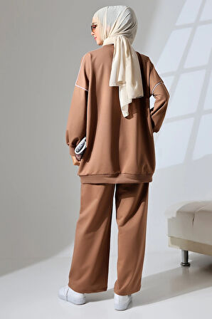 Kadın Kahverengi Mevsimlik Penye Alt Üst Spor Ve Rahat Ikili Tunik Pantolon Şık Tesettür Takım