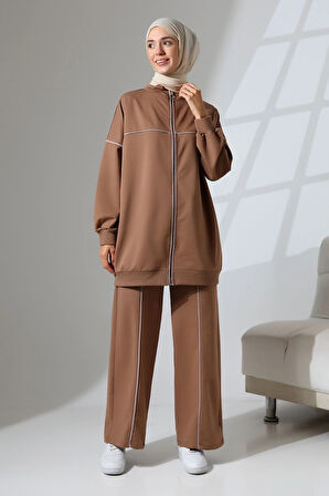 Kadın Kahverengi Mevsimlik Penye Alt Üst Spor Ve Rahat Ikili Tunik Pantolon Şık Tesettür Takım