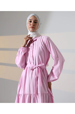 Kadın 100% Pamuk Viskon Desenli Pembe Tesettür Elbise