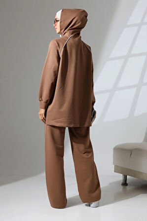 Kadın Kahverengi Mevsimlik Penye Alt Üst Spor Ve Rahat Ikili Tunik Pantolon Şık Tesettür Takım