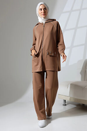 Kadın Kahverengi Mevsimlik Penye Alt Üst Spor Ve Rahat Ikili Tunik Pantolon Şık Tesettür Takım