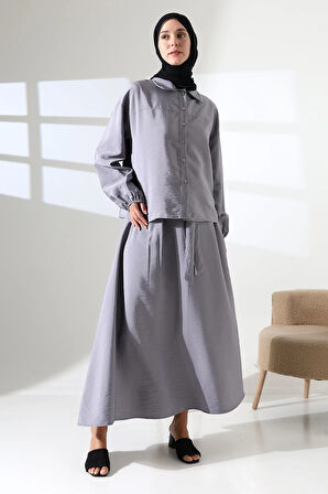 Kadın 100% Pamuk Modal Gri Gömlek Etek Tesettür Takım